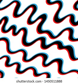 black ink wavy lines on white. seamless vector pattern. doodle curves with pink and blue stereo effect