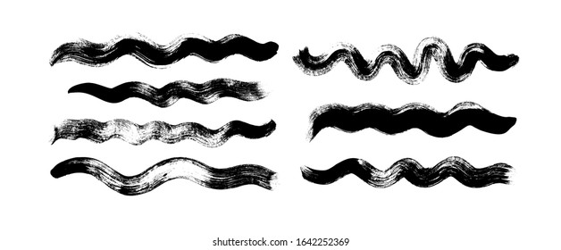 Black ink wavy lines vector illustrations set. Abstract shapes with dry brush strokes texture. Black mascara testing samples collection. Darky dye curved lines pack isolated on white background