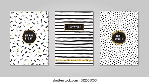 Black Ink, White And Gold Glitter Hand Drawn Doodles And Scribbles Design Templates Vector Set. Zigzags, Stripes And Dots. Part Four.