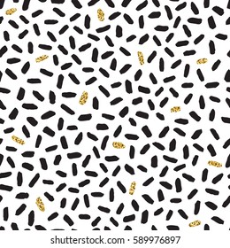 Black ink, white and gold glitter hand drawn doodle vector seamless short strokes pattern. 