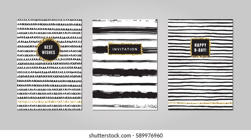 Black ink, white and gold glitter hand drawn doodles and scribbles design templates vector set. Curly lines, fat brush stripes and thin stripes. Part eight.