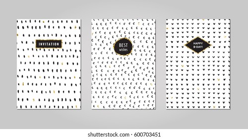 Black ink, white and gold glitter hand drawn doodles and scribbles design templates vector set. Strokes, C and V symbols. Part six.