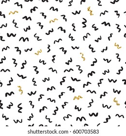 Black ink, white and gold glitter hand drawn doodle vector seamless short zigzags pattern. 