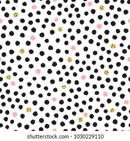 Black Ink, White, Pink And Gold Glitter Hand Drawn Doodle Vector Seamless Big Dots Pattern.