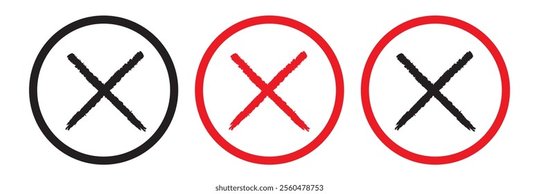 Black ink wrong signs on transparent bg. Black paint brush stroke crosses. Vector set of hand-painted Wrong icons. Abstract hand-drawn NO button for checkbox voting. Isolated disagree tick box symbols