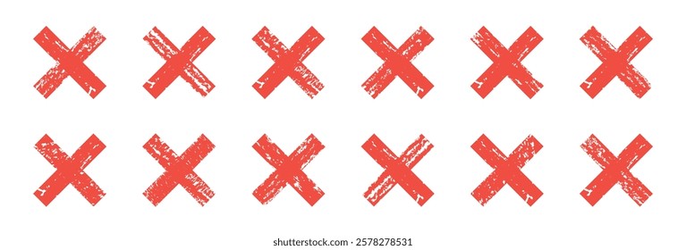 Black ink wrong signs on transparent bg. Black paint brush stroke crosses. Vector set of hand-painted Wrong icons. Abstract hand-drawn NO.