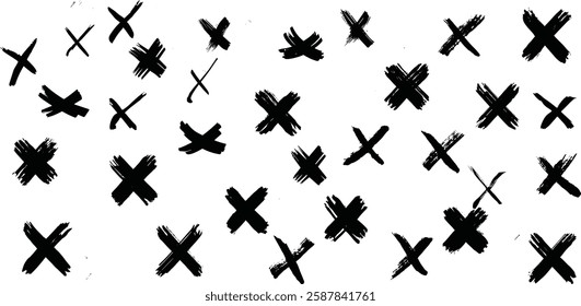 Black ink wrong signs on transparent bg. Black paint brush stroke crosses. 