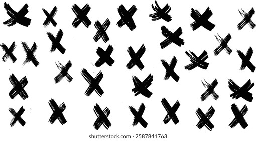Black ink wrong signs on transparent bg. Black paint brush stroke crosses. 