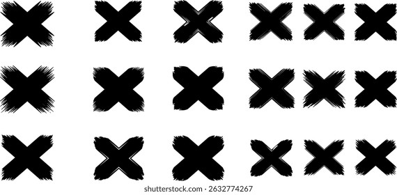 Black ink wrong signs on transparent bg. Black paint brush stroke crosses