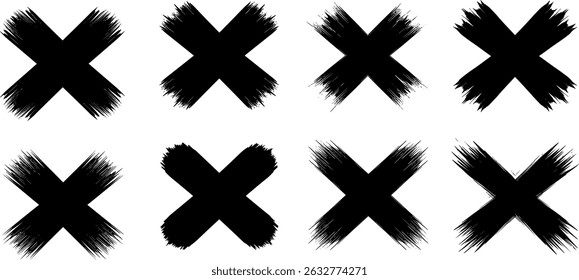 Schwarze Tinte, falsche Zeichen auf transparentem Beutel. Schwarzer Pinselstrich kreuzt