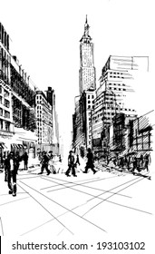 Black ink-drawing of city avenue with pedestrians and set of skyscrapers in New York - vector image