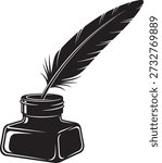 A black inkwell with a quill pen inserted, a classic writing instrument