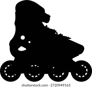 Ilustración vectorial de silueta de skate en línea negra. Icono minimalista del rodillo con los detalles de la rueda aislados en el fondo blanco. Gráfico deportivo Urbana para logotipos de clubes de patinaje, marca de fitness y corte de vinilo.