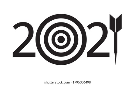 Black inscription 2021 in the form of numbers and darts instruments on a white background. The concept of setting goals for next year. Vector illustration