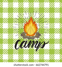 Black inscription lettering Camp. Vector illustration of a bonfire on vintage rays. Checkered seamless pattern.