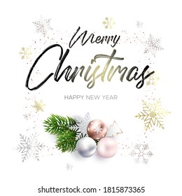 The black inscription Merry Christmas decoration with fir branches and balls on white background. Happy new year wishes. The ink lettering in the white square frame and golden confetti.