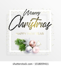 The black inscription Merry Christmas and wreath decoration from fir branches and balls on white background. Happy new year wishes. The ink lettering in the white square frame and golden confetti.