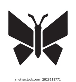 Black insect graphic with pointed wings and antennae, minimalist wildlife icon, symmetrical animal design
