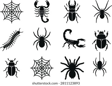 Black insect icons, creepy crawler vectors, bug silhouettes.