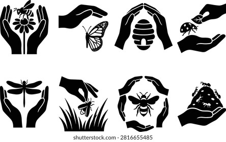 Black Insect Protection Silhouette Icon Set Featuring Bee, Butterfly, Beehive, Ladybug, Dragonfly, Firefly, and Anthill Care
