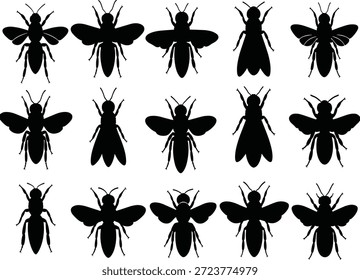 Schwarze Insekten-Silhouetten-Kollektion mit Bienen und Fliegen einzeln auf weißem Hintergrund für Symbole, Muster und Designverwendung