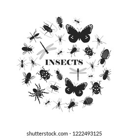 Black insect silhouettes in round shape vector illustration