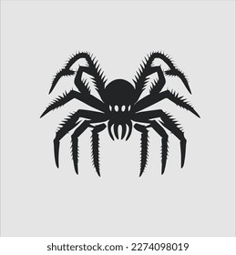 Black insect spider silhouette, isolated gray background. Scary spider icon, scary dangerous insect, arachnophobia fear. Vector illustration