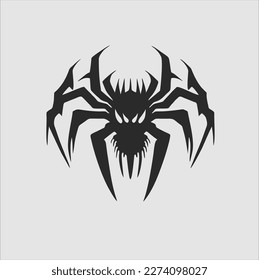 Black insect spider silhouette, isolated gray background. Scary spider icon, scary dangerous insect, arachnophobia fear. Vector illustration