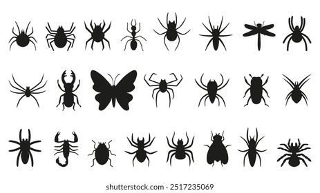 Iconos de insectos negros. Diferentes siluetas de insectos, brotes arañas mariposa libélula escorpión tarántula. Elementos de Naturaleza, personajes de Vector neoterico estacional