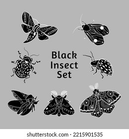 Black Insects line art set vector illustrations. Night moth and beetle, butterfly. Outline silhouette isolated on gray background