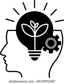 Black Inspiration Icon. Vector Illustration of a Growing Plant in a Glowing Light Bulb and Gears. Web icon for Business and Creativity