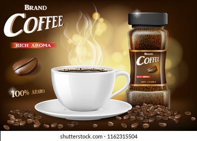 Black instant coffee cup and beans ads design. 3d illustration of hot coffee mug Product with bokeh background. Vector