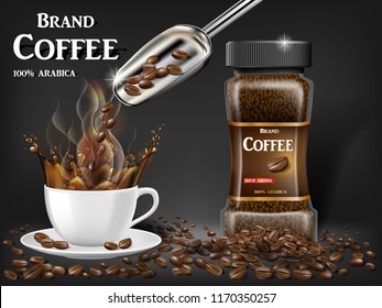 Black instant coffee cup with splash and beans ads. 3d illustration of hot coffee mug. Product design with bokeh background. Vector