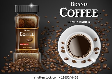 Black instant coffee cup top view and beans ads. 3d illustration of hot coffee mug. Product design with bokeh background. Vector