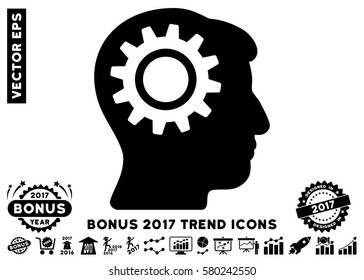 Black Intellect Gear pictograph with bonus 2017 year trend clip art. Vector illustration style is flat iconic symbols, white background.
