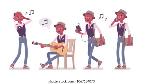 Black intelligent smart casual man wearing hat, glasses and music. Slim and fashionably elegant boy with messenger bag listening to music, playing guitar. Vector flat style cartoon illustration