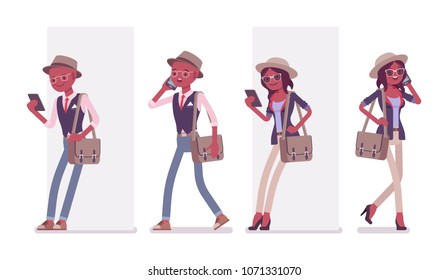 Black intelligent smart casual man and attractive woman wearing hat and glasses talking. Slim fashionably elegant people with messenger bag, phone. Vector flat style cartoon illustration