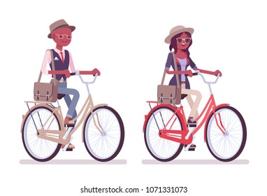 Black intelligent smart casual man and attractive woman wearing hat and glasses, riding a city bike. Slim fashionably elegant people with messenger bag. Vector flat style cartoon illustration