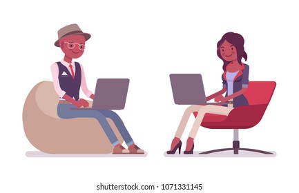 Black Intelligent Smart Casual Man And Attractive Woman Wearing Hat And Glasses Sitting In Armchair Working With Laptop. Slim And Fashionably Elegant People. Vector Flat Style Cartoon Illustration