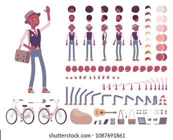 Black intelligent smart casual man with messenger bag, hat, character creation set. Full length, different views, emotions, gestures. Build own design. Vector illustration