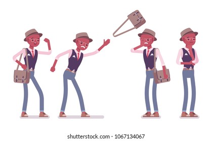 Black intelligent smart casual negative man wearing hat, glasses. Slim and fashionably elegant boy with messenger bag in bad mood, emotions, angry and unhappy. Vector flat style cartoon illustration