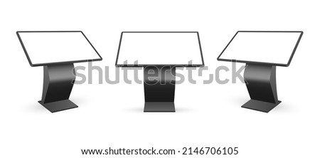 Black Interactive Digital Signage With Blank Touch Screen, Front and Side View. Isolated on White Background. Vector Illustration