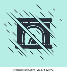 Black Interior fireplace icon isolated on green background. Glitch style. Vector