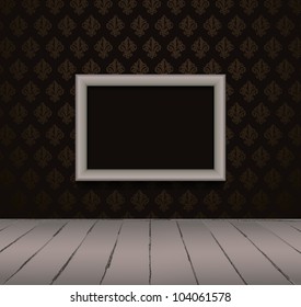 Black interior of vintage room  from dark grunge wallpaper, gray picture frame and old wooden floor. Vector illustration EPS 10