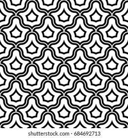 Black interlocking figures tessellation on black background. Image with floral shapes. Ethnic mosaic tiles motif. Oriental window tracery. Seamless surface pattern design with scales ornament. Vector.