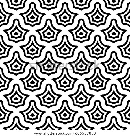 Black interlocking figures tessellation on white background. Image with floral shapes. Ethnic mosaic tiles motif. Antique wallpaper. Seamless surface pattern design with scales ornament. Vector art.