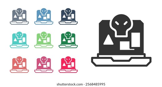 Black Internet piracy icon isolated on white background. Online piracy. Cyberspace crime with file download and movies sharing. Set icons colorful. Vector