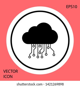 Black Internet of things icon isolated on red background. Cloud computing design concept. Digital network connection. White circle button. Vector Illustration