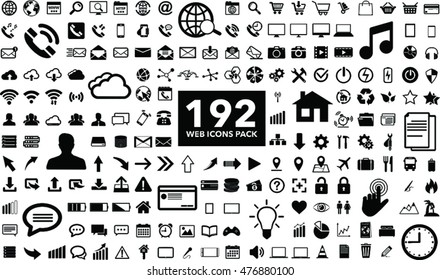 Black internet web icons collection on white background