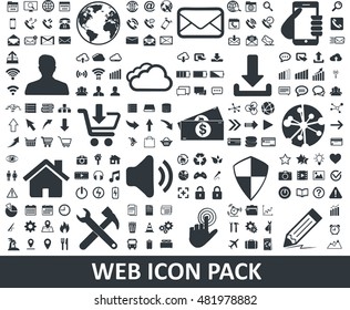 Black internet web icons collection on white background